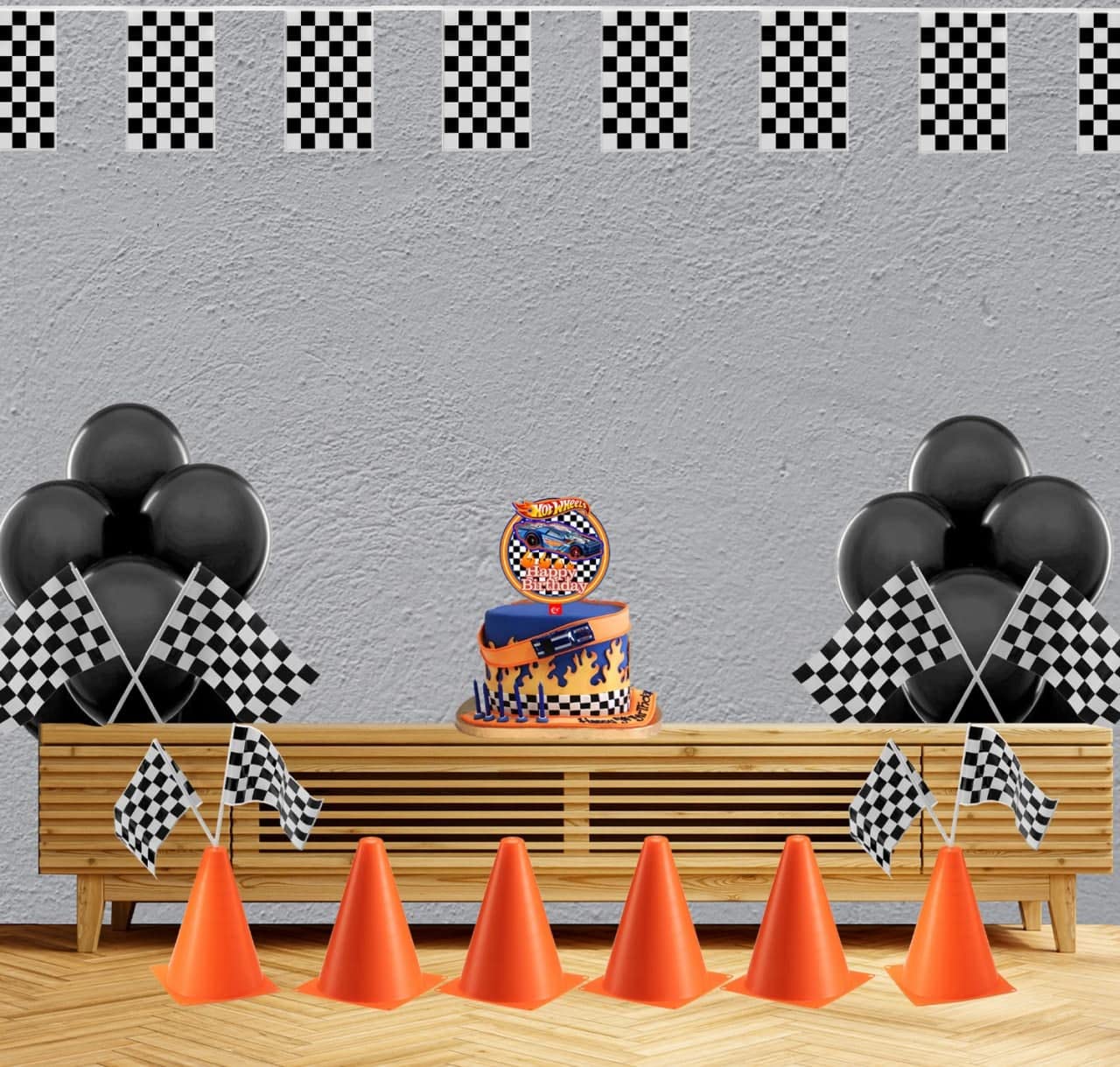 Bedwina Traffic Cones and Racing Checkered Flags - (24 Pcs) 12 - Black & White Flags on Sticks & 12-8-Inch Mini Orange Sports Safety Cones for Kids - Race Car Theme Birthday Centerpiece Party Decor